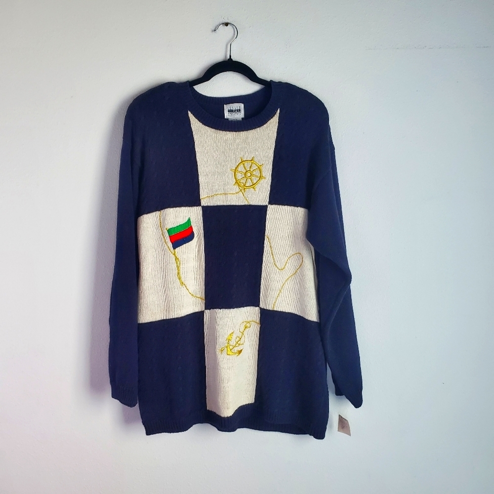 VTG Nautical Checker Sweater 1X Navy Cream Knit Cotton Longline